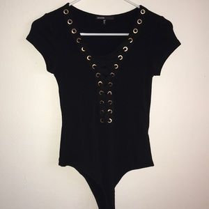 NWOT Gold grommet Black lace up body suit
